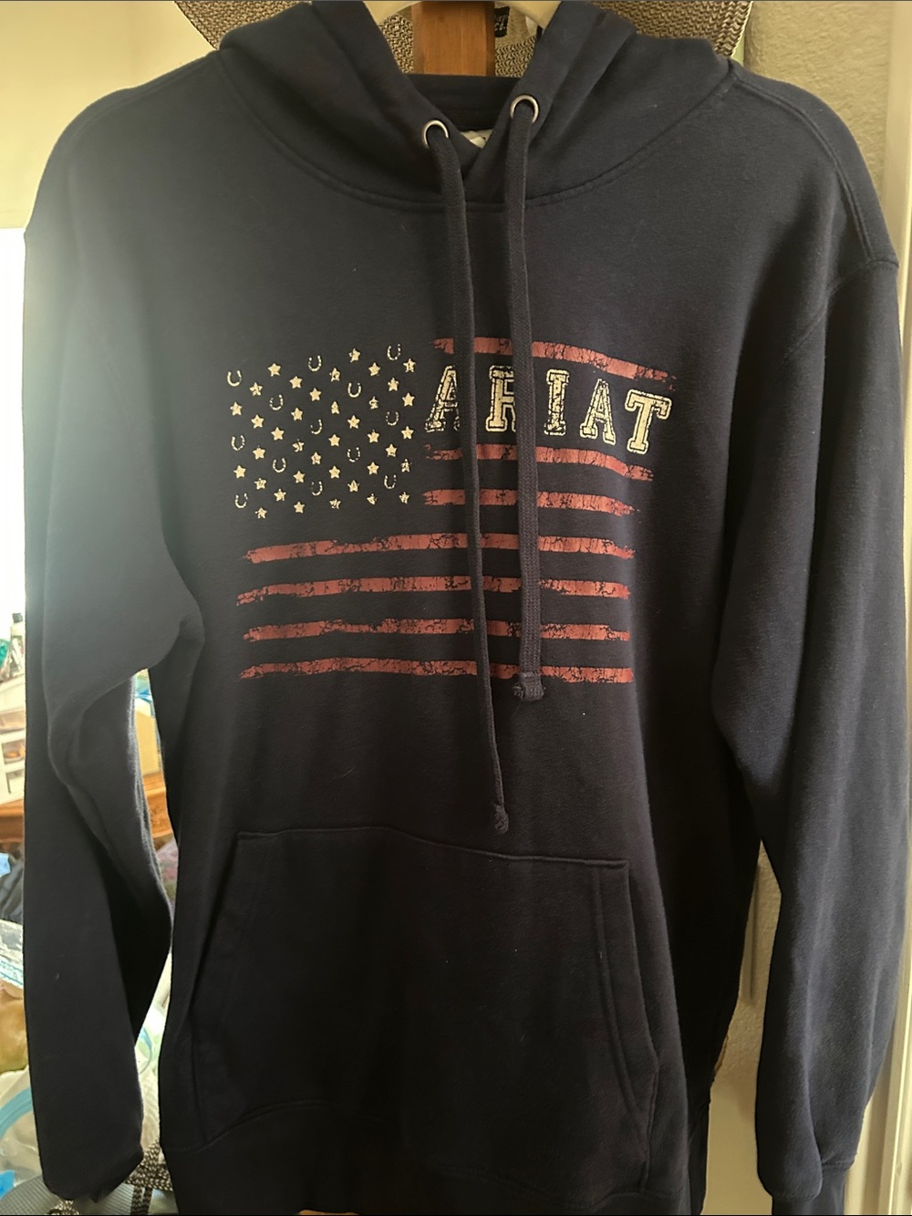 Ariat Navy Hoodie with Distressed Red Flag Graphic